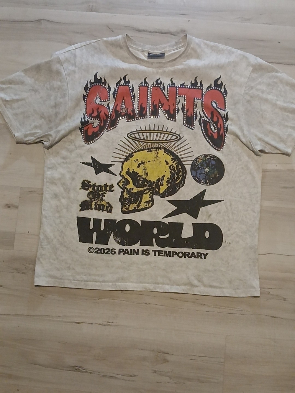 Saints Graphic Tee - Beige with Red & Yellow Print